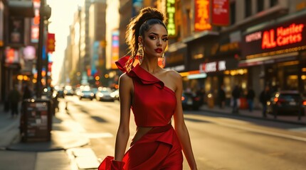 Poster - person wearing a red dress walking down a city street with buildings and storefronts in the background. The setting appears to be in a vibrant urban area at night.