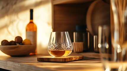 Poster - Crystal glass of whisky is standing on wooden coaster in the bar