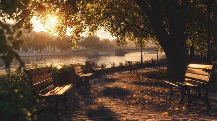 Poster - Sunlit park benches by river at sunrise.