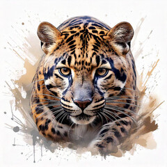 Wall Mural - A stealthy clouded leopard stalking its prey, painted with sleek and curving brushstrokes to convey its predatory motion. The design is bold and dynamic, set against a clean white background