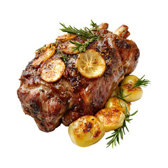 Wall Mural - Tasty Oven Roasted lamb mutton whole leg with thyme isolated on transparent background