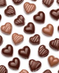 Wall Mural - Assorted milk and dark chocolate heart-shaped candies on white background.