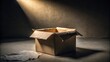 © lapeepon - A torn paper box partially hidden by shadows in a dark room with soft low light filtering through, revealing a hint of upcoming event details on the torn edge , low-light, coming soon