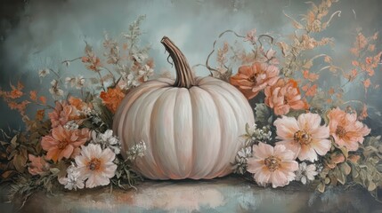 Aufkleber - White pumpkin surrounded by peach and cream colored flowers on a muted green background.