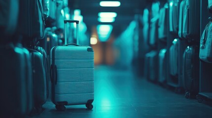 Poster - Teal suitcase in a dimly lit luggage storage.