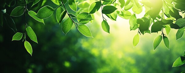 Aufkleber - Sunlight filtering through vibrant green leaves in spring forest