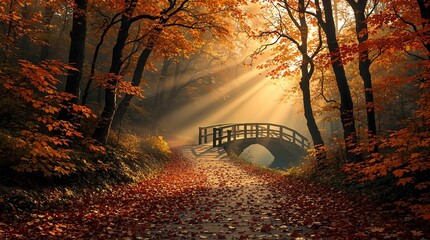 Aufkleber - serene autumn scene with a wooden bridge over a stream, surrounded by fallen leaves on a path. Sunlight filters through the tree canopy, casting a warm glow on the scene.