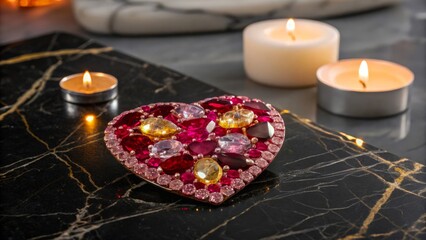 Sticker - a heart made of precious stones and candles on the table