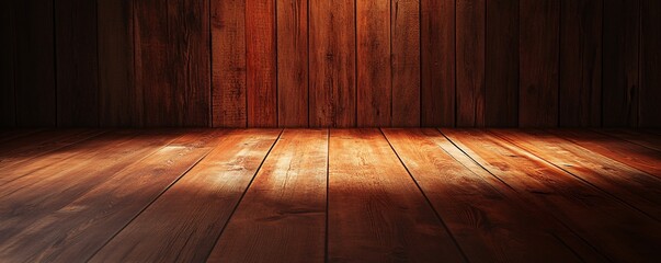 Aufkleber - Empty room with wooden wall and floor illuminated by spotlights