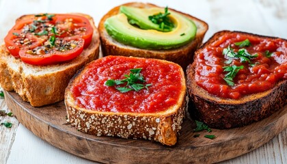 Wall Mural - Vegetarian Toasts with Tomato and Avocado, Healthy Breakfast or Lunch Option on Wooden Board.