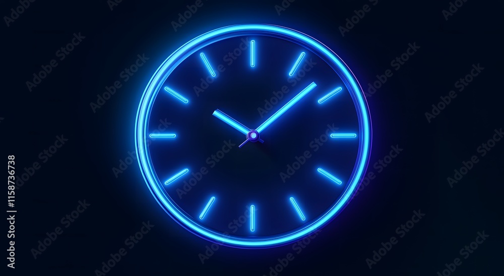 Futuristic digital clock with abstract blue glowing lights on a dark background. A glowing silhouette of a clock representing time. Can be used to convey the value of time