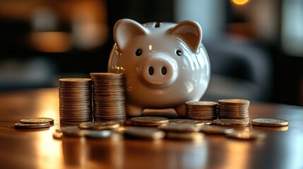 Wall Mural - Piggy bank with coins on table.