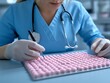 © good everyday - Close-up of a female doctor or pharmacist carefully examining pink pills in a laboratory setting.