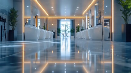 Poster - A clean and modern salon floor with bright lighting and shiny tiled surfaces, 8k, realistic, full ultra HD, high resolution, cinematic photography