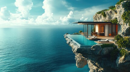 Poster - A cliffside house with a modern design, large windows, and infinity pool overlooking a tropical sea,