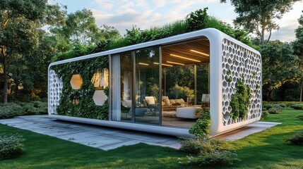 Poster - A compact 3D home with geometric patterns on the facade, lush greenery on the roof, and an open patio area,