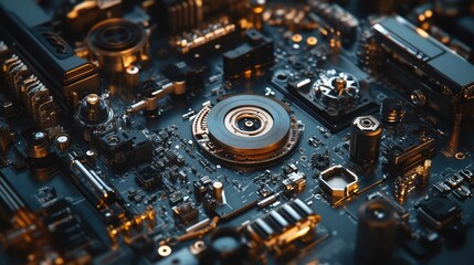 Poster - A dismantled hard disk showing platters, actuator arms, and fine electronic components, 8k, realistic, full ultra HD, high resolution, cinematic photography
