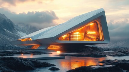 Poster - A futuristic 3D house design with sharp angles, metallic finishes, and glowing ambient lights, set in a serene landscape,