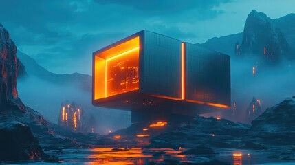 Poster - A futuristic cube-shaped 3D house model with metallic finishes and glowing accents, set in a minimalist landscape,