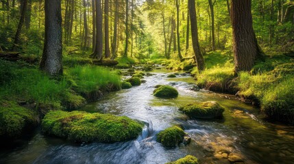 Poster - Sunlit stream flows through lush green forest, mossy rocks and trees.