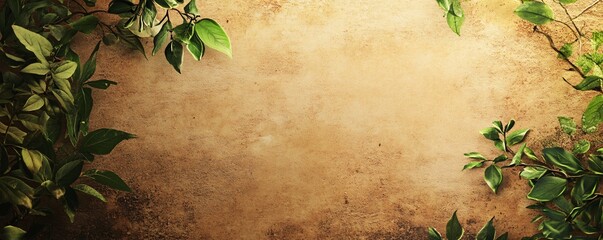 Poster - Green leaves bordering a textured background creating copy space