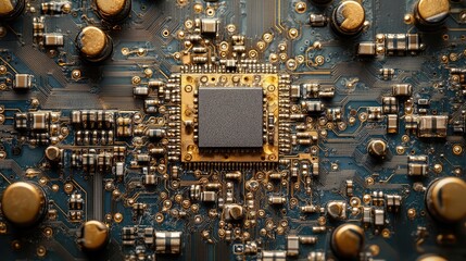 Poster - A macro image of a microcontroller on a PCB surrounded by tiny surface-mounted components, 8k, realistic, full ultra HD, high resolution, cinematic photography