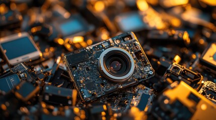 Poster - A pile of disassembled smartphone cameras showing lens elements and circuit connectors, 8k, realistic, full ultra HD, high resolution, cinematic photography