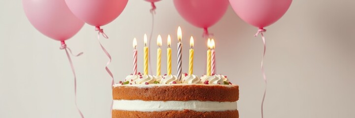 Wall Mural - Birthday cake with lit candles and pink balloons celebrating a special occasion