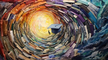 Poster - Graduation cap floats in a vortex of colorful books, symbolizing knowledge and education.
