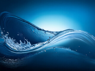 Leinwandbilder - A vibrant, stylized wave of clear, blue water curves elegantly across a deep blue background, illuminated by a soft, bright light.  The water's texture is smooth yet dynamic, capturing its movement an
