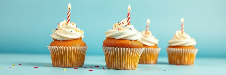 Wall Mural - Delicious cupcakes decorated with colorful frosting and birthday candles for a celebration