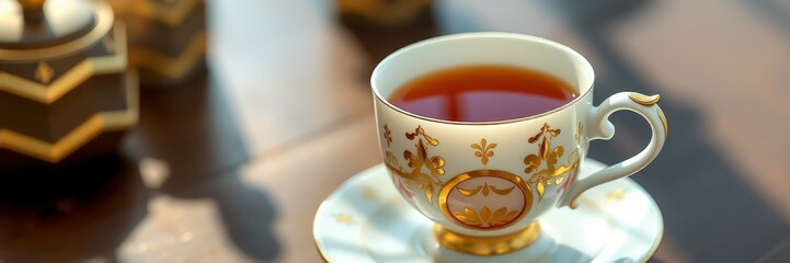 Wall Mural - Elegant tea cup with a delicate design sits on a saucer in warm afternoon light