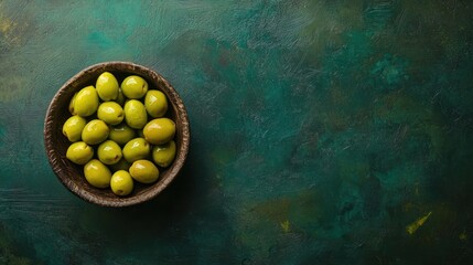 Wall Mural - Green Olives in Wooden Bowl on Dark Green Background