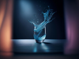 Poster - A glass of water explodes in a vibrant, dynamic splash, illuminated by dramatic lighting against a blurred background.  The scene is both powerful and serene.