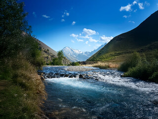 Poster - Serene mountain river flows through a valley, clear water cascading over rocks under a vibrant blue sky.  Sunlight illuminates the landscape.