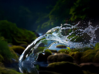 Poster - A pristine cascade of water arcs over moss-covered rocks, splashing into a clear stream. Sunlight filters through the lush green foliage creating a vibrant contrast.