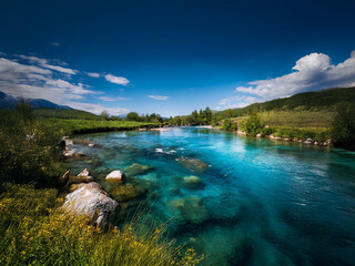 Poster - Serene turquoise river flows through a lush green valley under a vibrant blue sky, dotted with fluffy white clouds.  Rocks and vegetation line the crystal-clear water's edge.