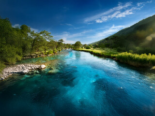 Poster - Serene river scene, crystal-clear turquoise water flows through lush green valley, under a vibrant blue sky.  Sunlight illuminates the tranquil landscape.