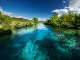 Poster - Crystal-clear turquoise river flows through lush green landscape under a vibrant blue sky.  The water is incredibly clear, revealing the riverbed below.