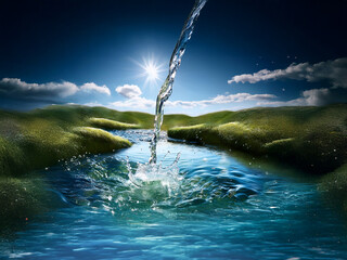 Poster - Clear water pours into a pristine stream, splashing into a tranquil pool.  Sunlight glistens on the surface,  lush green hills surround the idyllic scene.  A symbol of nature's purity and renewal.