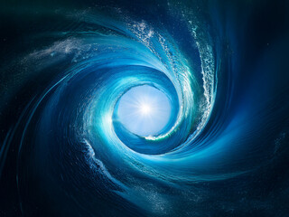 Aufkleber - A swirling vortex of deep blue ocean water creates a mesmerizing tunnel, leading to a bright light at its center.  The scene evokes feelings of depth, mystery, and hope.