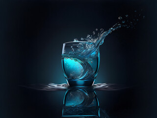 Poster - A glass of water, dynamically splashed, glows with an inner blue light.  The dark background and reflective surface enhance the visual impact.