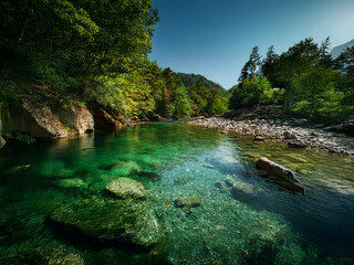 Poster - Serene mountain river scene. Crystal-clear, vibrant green water flows over smooth rocks, surrounded by lush green forest and a bright blue sky.  A peaceful, idyllic landscape.