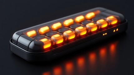 Poster - A sleek, high-tech pill organizer with glowing compartments filled with capsules, displayed on a matte black background, 8k, realistic, full ultra HD, high resolution, cinematic photography