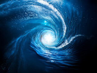 Poster - A swirling vortex of deep blue ocean water, illuminated from within by a bright light, creates a mesmerizing underwater scene.  The powerful energy of the waves is captivating.