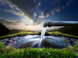 Poster - Serene sunset scene.  Clean water flows from a pipe into a small pool nestled in a grassy mountain valley. The sky displays vibrant colors.