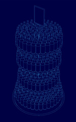 Poster - Blue image of a tall stack of bottles. The bottles are stacked on top of each other and are very tall. The image has a futuristic feel to it