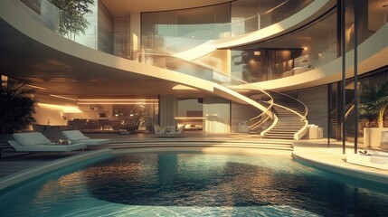 Poster - A 3D-rendered luxury villa with multiple levels, a curved staircase, and a glass-bottom pool, bathed in golden hour light,