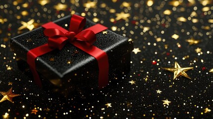 Wall Mural - A black gift box with a red ribbon, surrounded by golden stars, perfect for festive gifts, created with generative AI