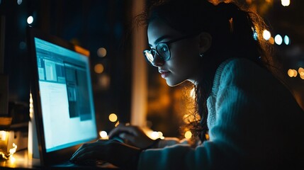 Poster - Focused young woman programmer working late night on computer code